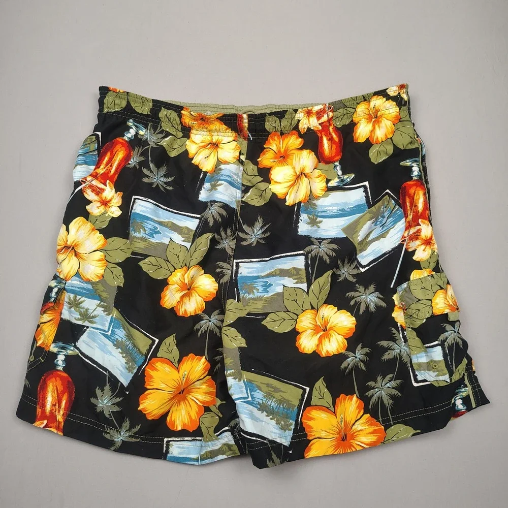 Sand N Sun Swim Trunks Mens XL Black Tropical Floral Hibiscus Cocktail Polyester